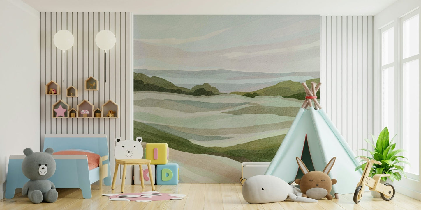 Layered landscape mural with whispering hills

