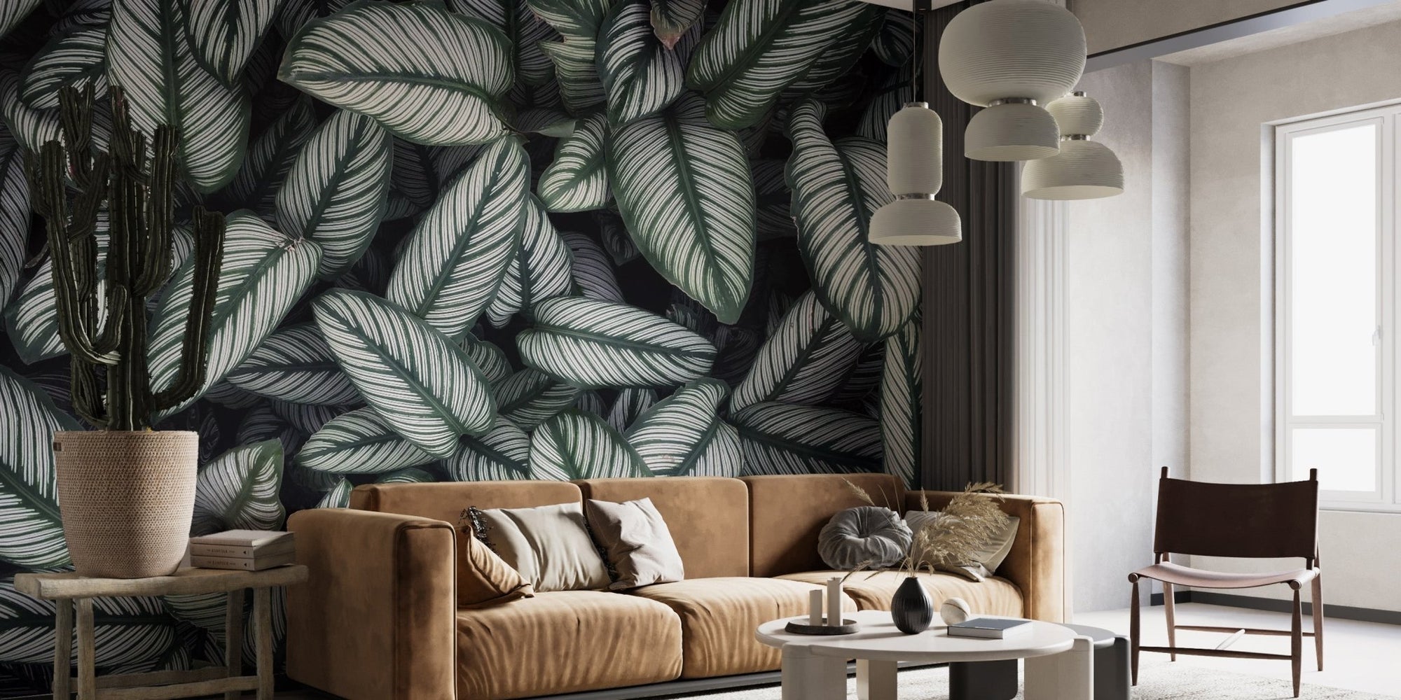 Green White Leaves Wallpaper Mural for nature-inspired decor tropical-09
