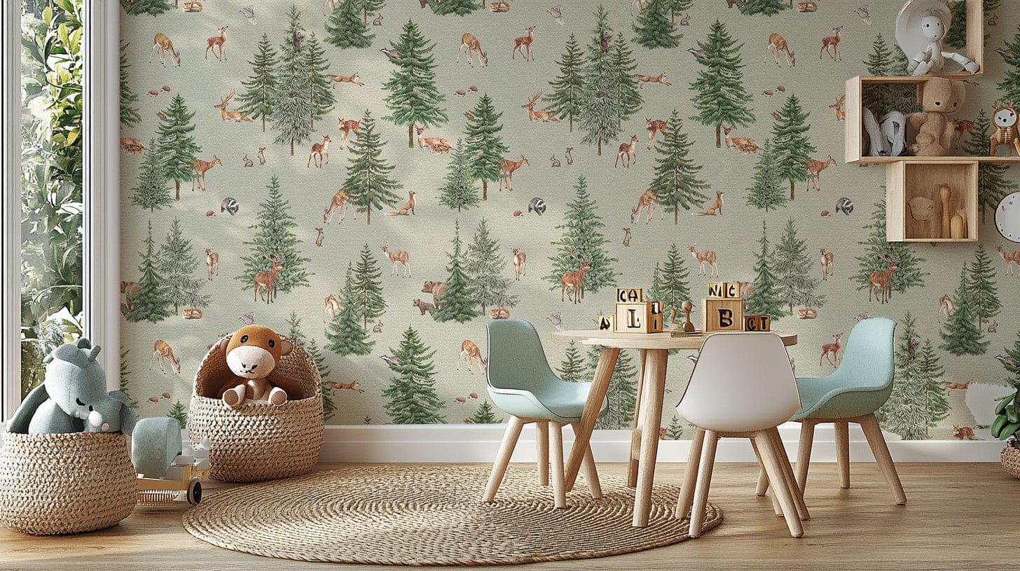 Scenic green forest wallpaper with deer
 KB108