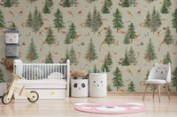 Forest deer and pine tree wallpaper design
