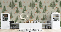Green woodland deer nursery wallpaper

