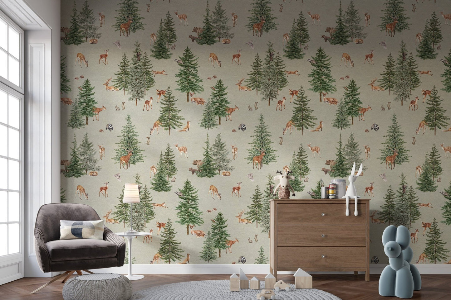 Watercolor deer and trees wallpaper print
