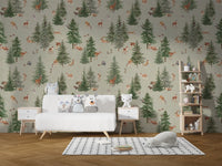 Tranquil woodland deer and trees wallpaper
