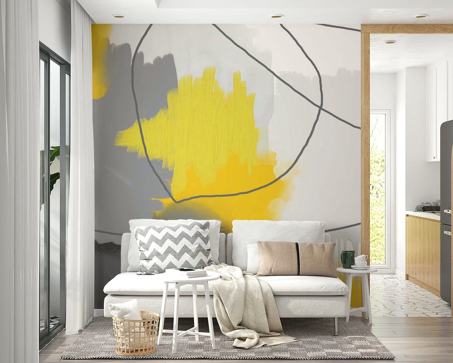 Grey background mural with gold highlights

