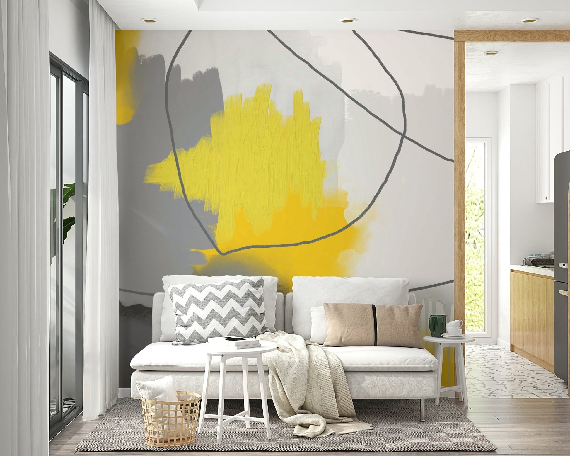 Grey background mural with gold highlights

