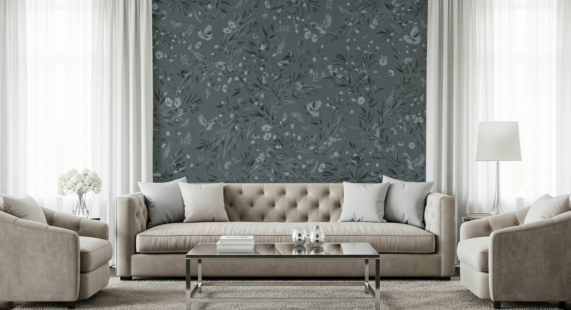 Dining room featuring the muted Grey Floral Aviary Wall Mural.