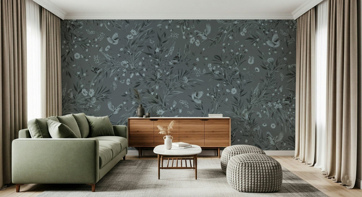 Delicate floral and vine elements in the Grey Floral Aviary Wall Mural.