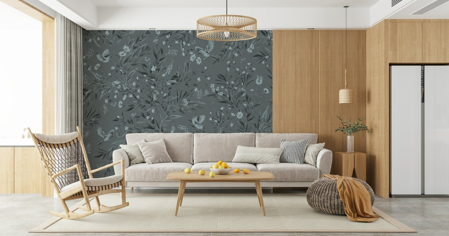 Subtle avian imagery in the Grey Floral Aviary Wall Mural.