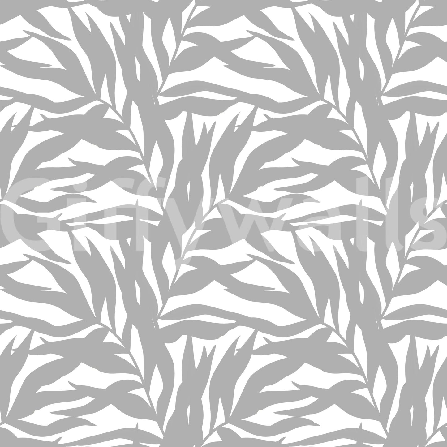 Modern foliage repeat in grey tones on crisp white botanical wallpaper