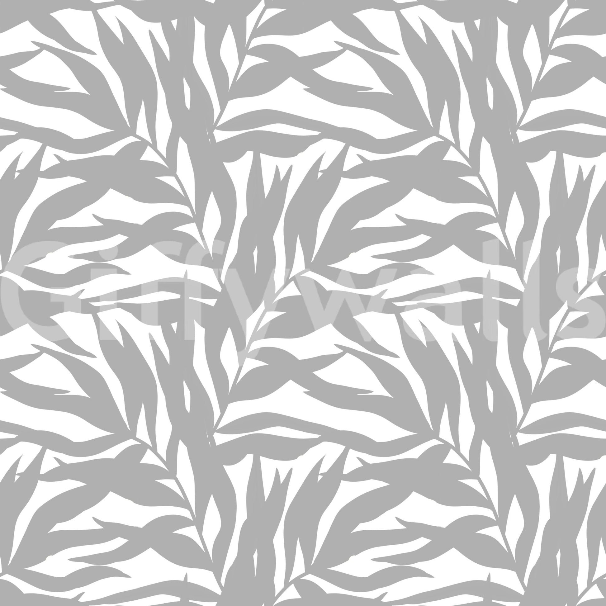 Modern foliage repeat in grey tones on crisp white botanical wallpaper