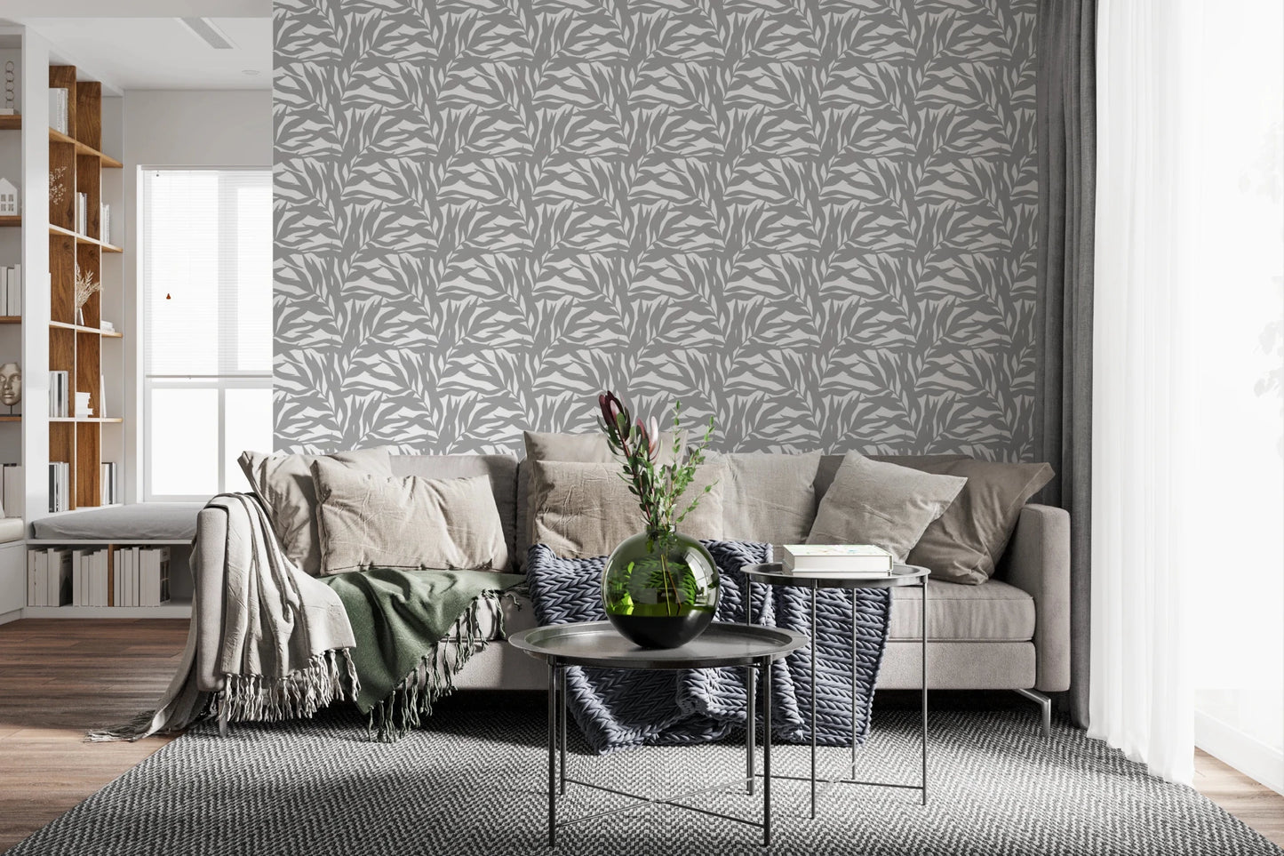 Muted grey leaves spread in an airy repeat on white botanical wallpaper