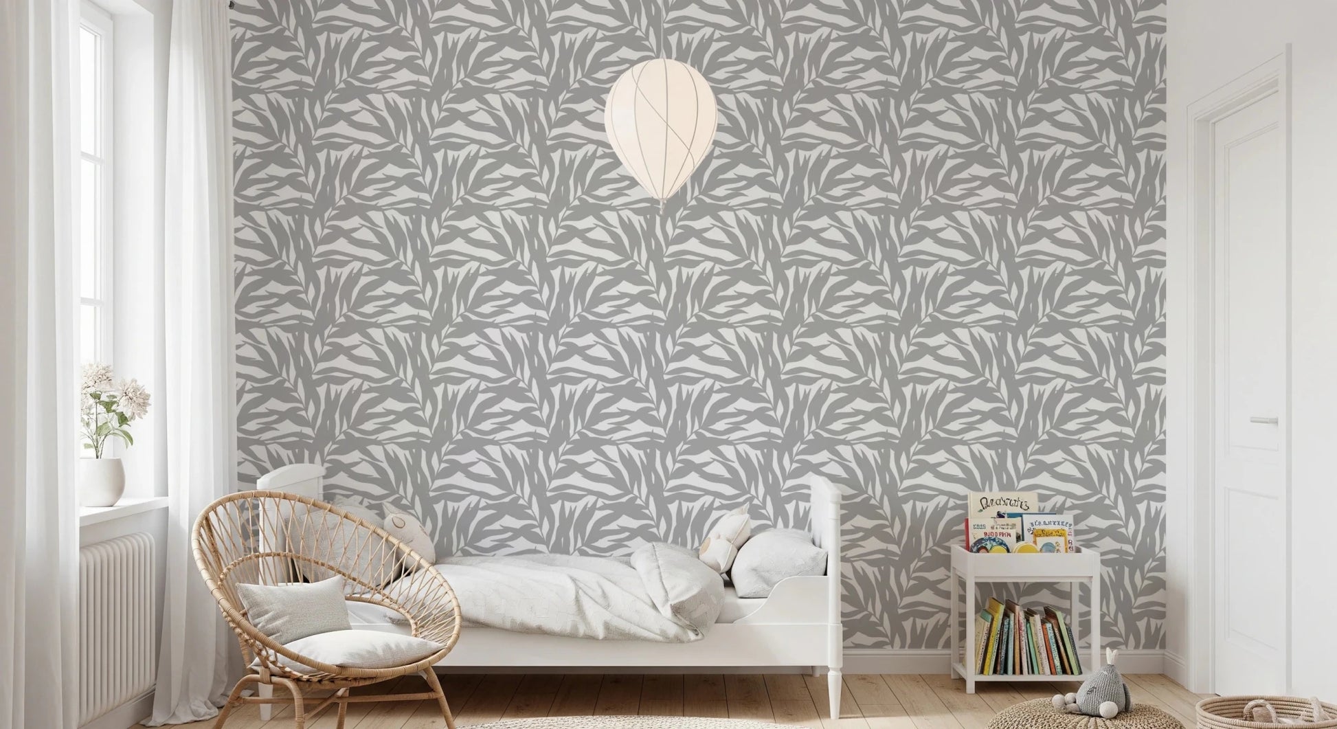 Modern foliage repeat in grey tones on crisp white botanical wallpaper