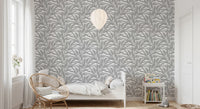 Modern foliage repeat in grey tones on crisp white botanical wallpaper
