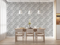 Clean white botanical wallpaper with overlapping grey leafy forms