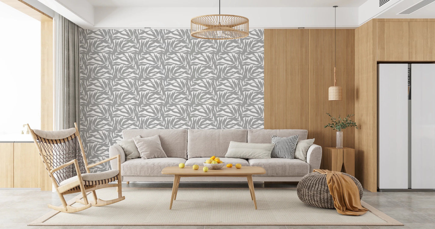 White botanical wallpaper filled with layered grey foliage silhouettes