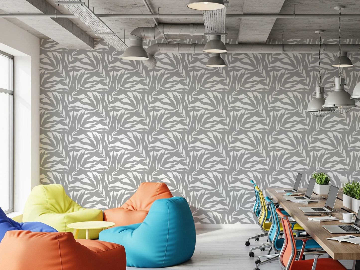 Office finished in Grey Leaves Canopy on White Botanical Wallpaper