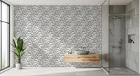 Bathroom interior with Grey Leaves Canopy on White Botanical Wallpaper