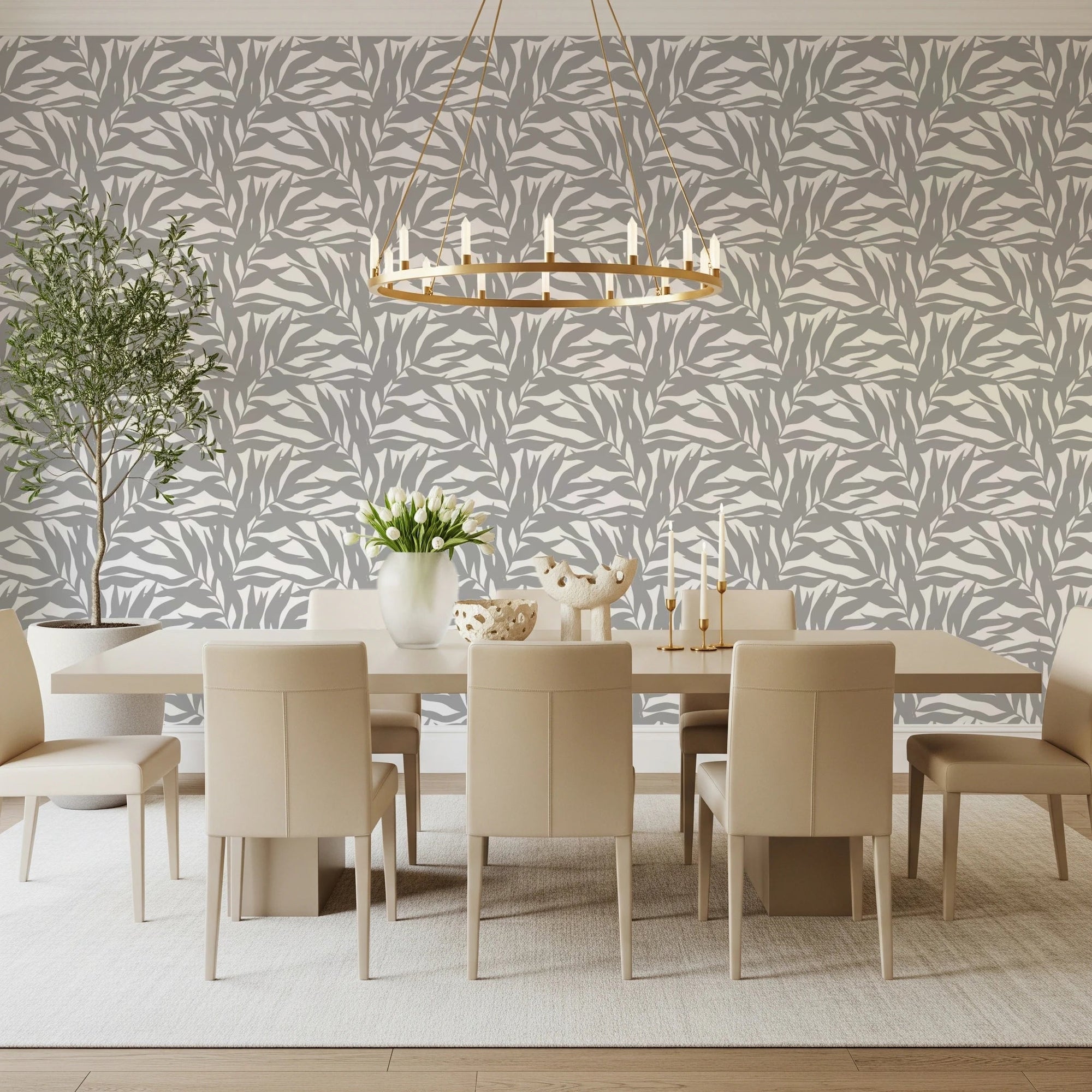 Dining room styled in Grey Leaves Canopy on White Botanical Wallpaper, GD8817