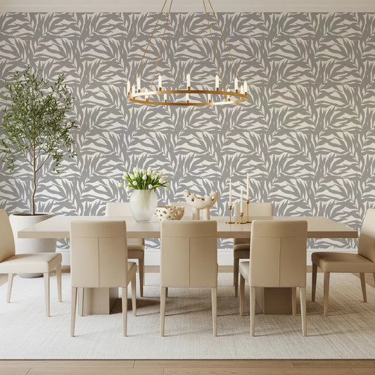 Dining room styled in Grey Leaves Canopy on White Botanical Wallpaper