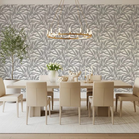 Dining room styled in Grey Leaves Canopy on White Botanical Wallpaper, GD8817