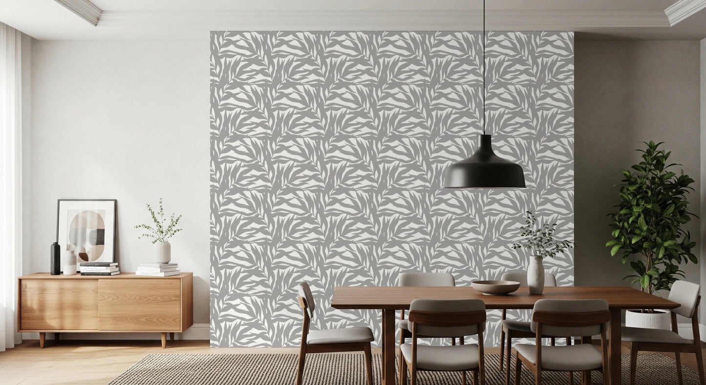 Grey botanical wallpaper with flowing canopy leaves and open spacing