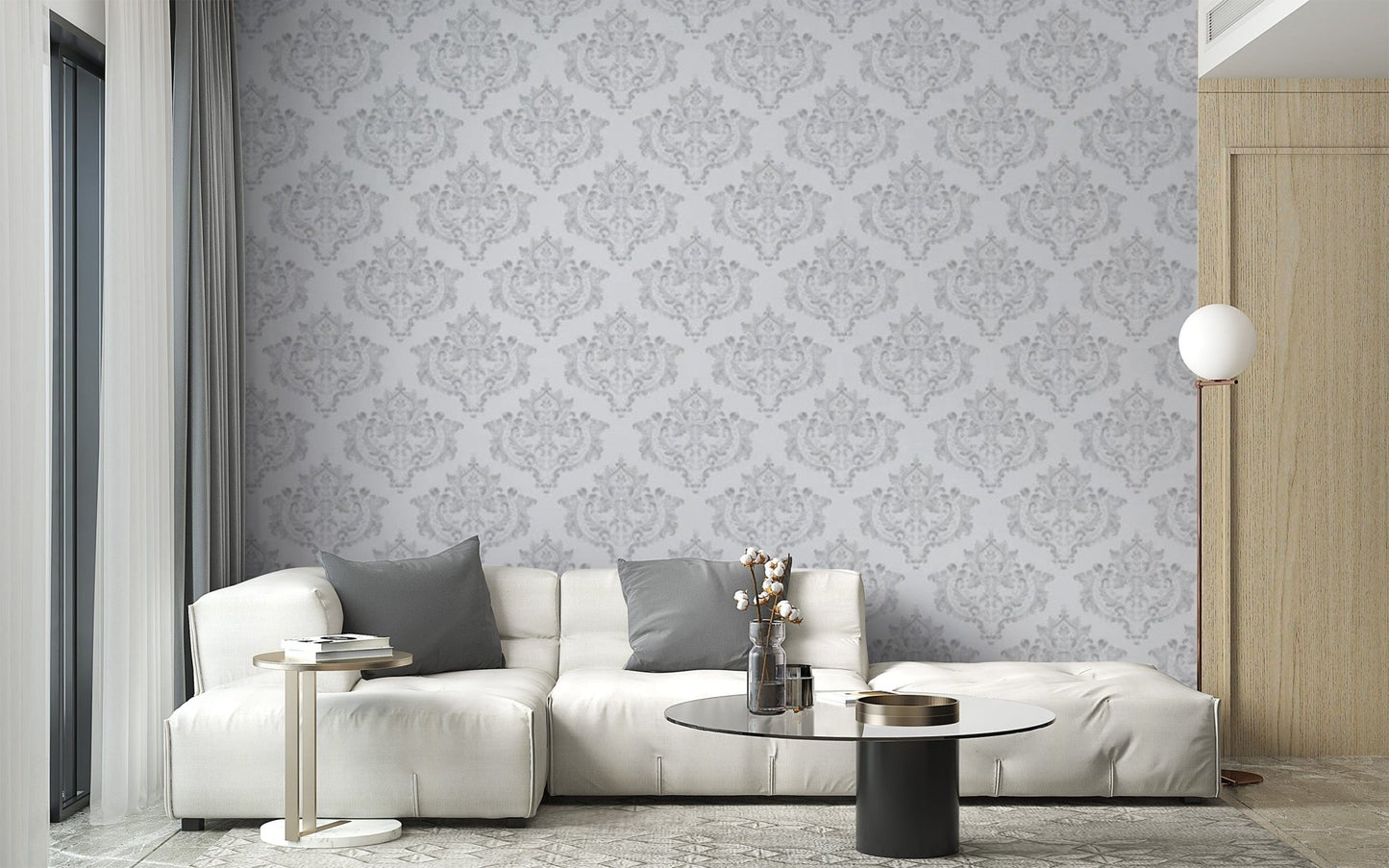 Traditional grey and white damask wallpaper for chic interiors.