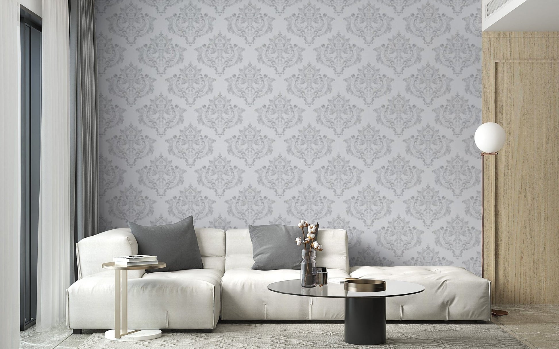 Traditional grey and white damask wallpaper for chic interiors.