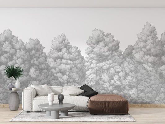Grey jungle wall mural with painted trees C531