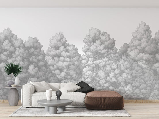 Grey jungle wall mural with painted trees C531