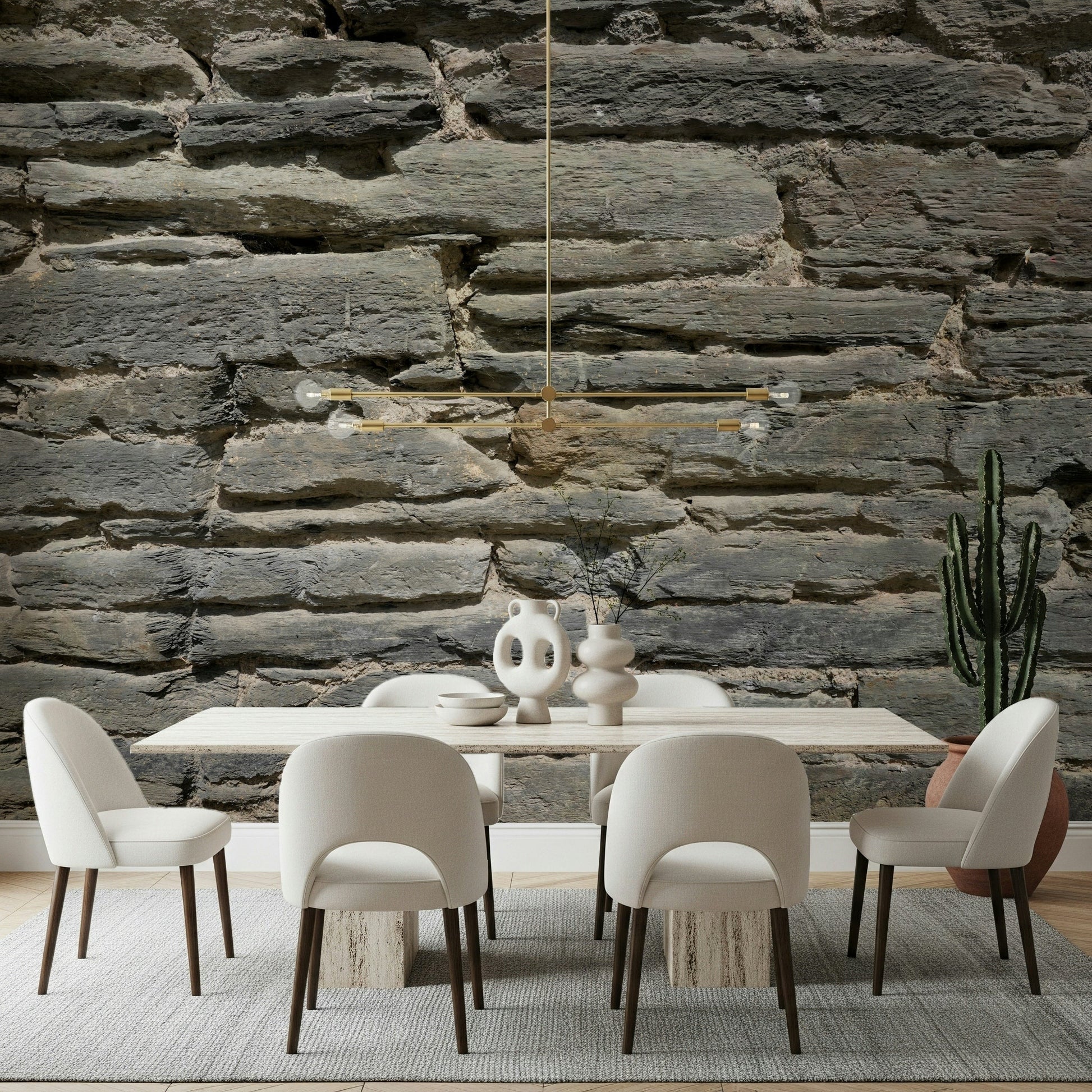 Grey Stone Layers mural behind a minimalist dining table set., GD6069