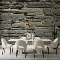Grey Stone Layers mural behind a minimalist dining table set., GD6069