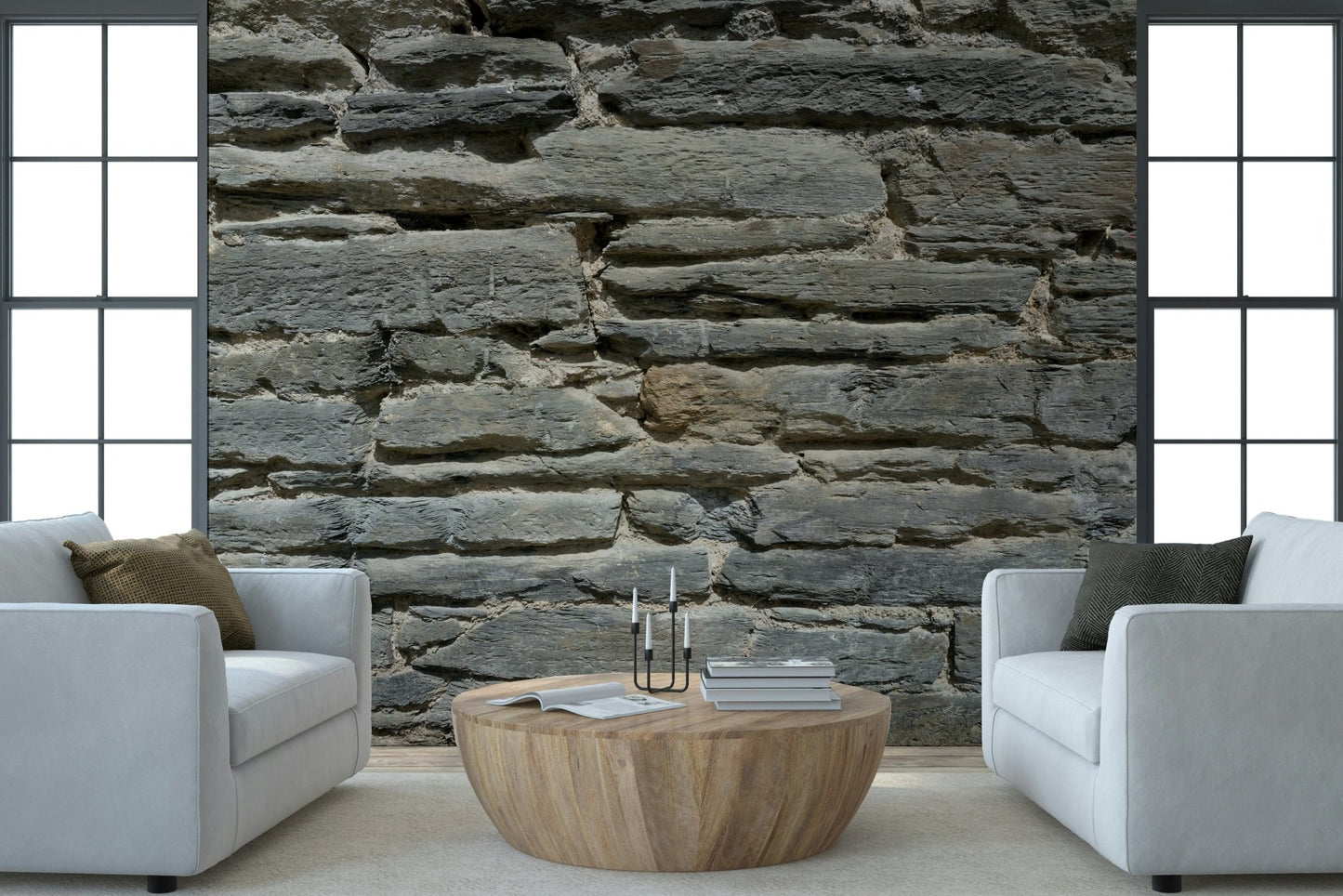 Elegant office study with Grey Stone Layers wallpaper accent., GD6069