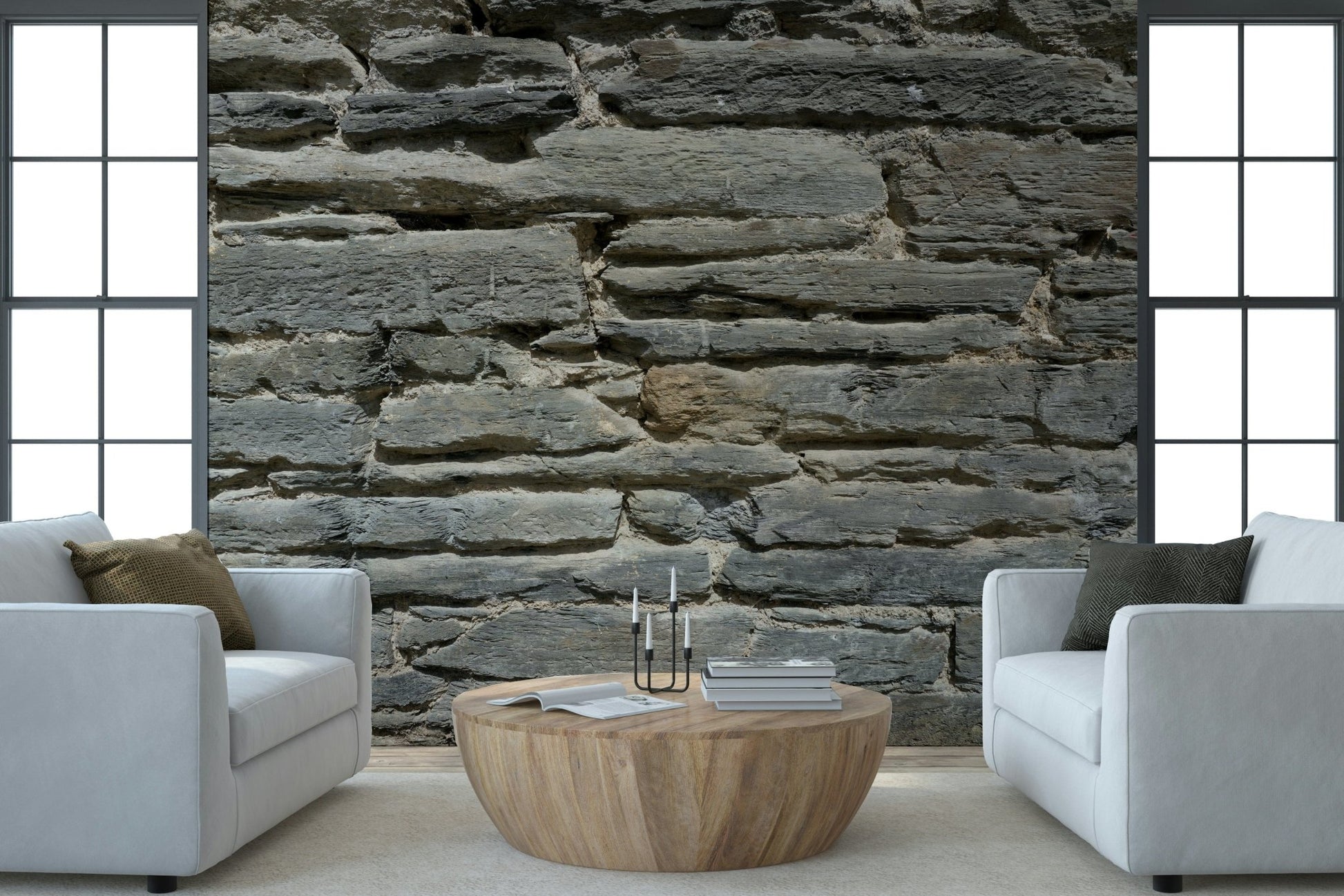 Elegant office study with Grey Stone Layers wallpaper accent., GD6069
