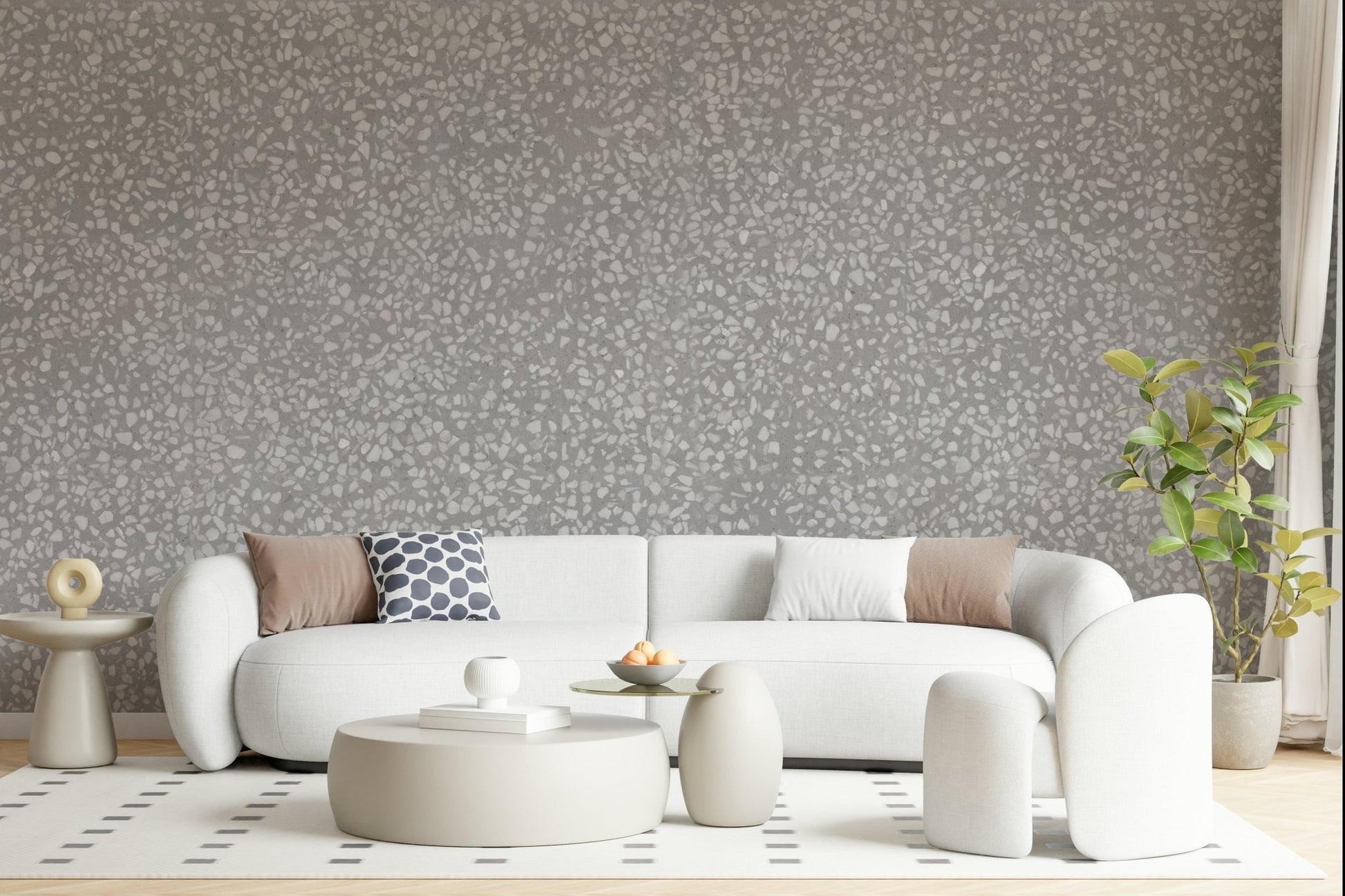 Pale grey wallpaper with tiny, dispersed white rock chips.