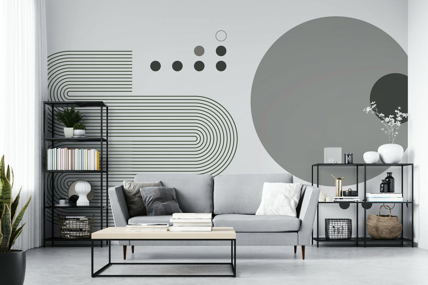 Living room with grey retro wall mural

