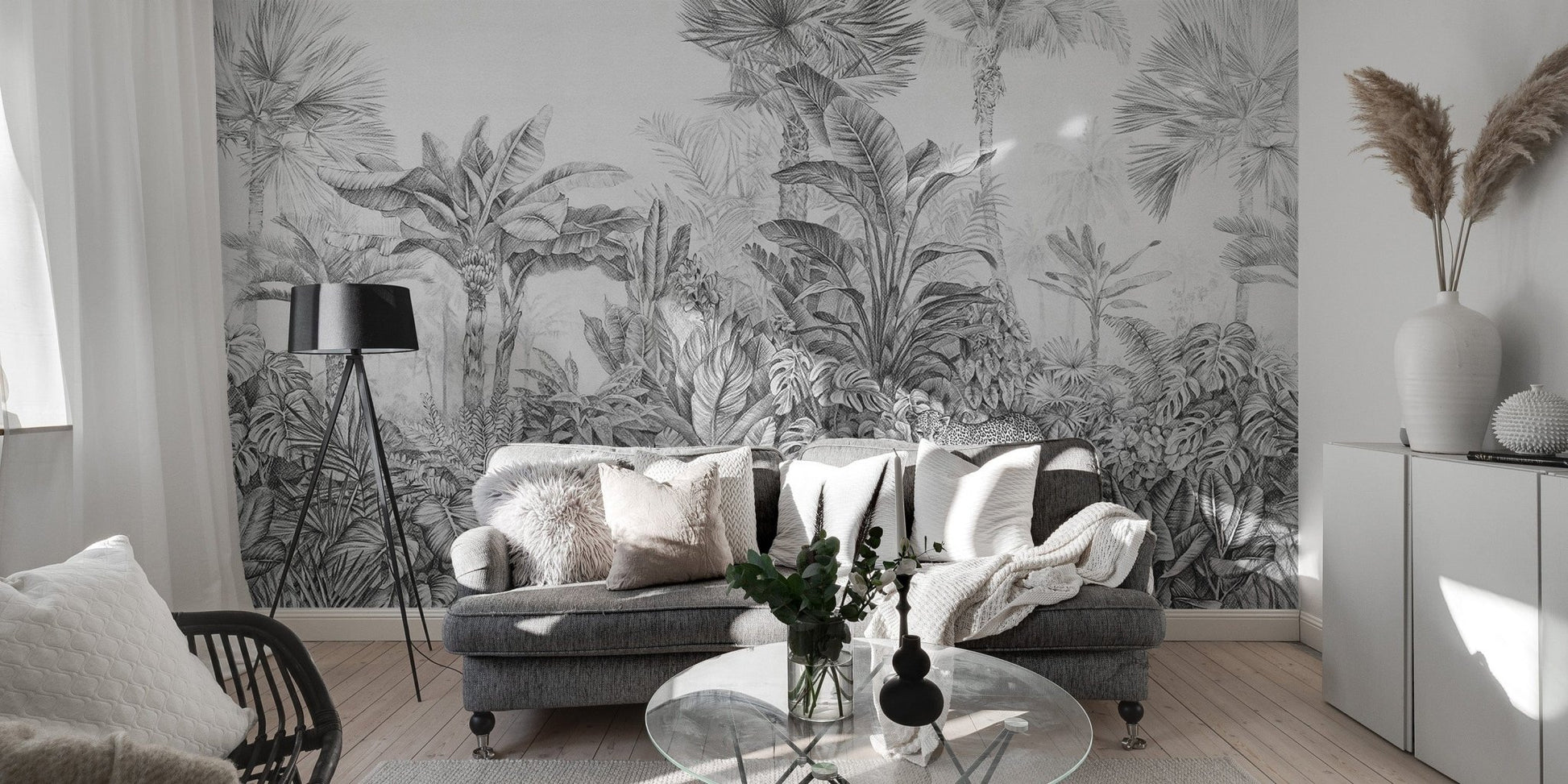 Botanical wallpaper with leopards in grey tones C522
