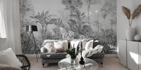 Botanical wallpaper with leopards in grey tones C522
