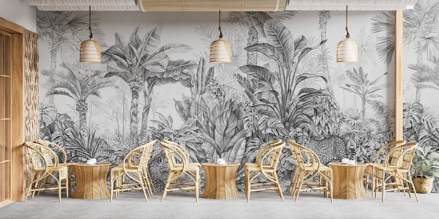 Leopard-themed grey tropical wallpaper ideas C522
