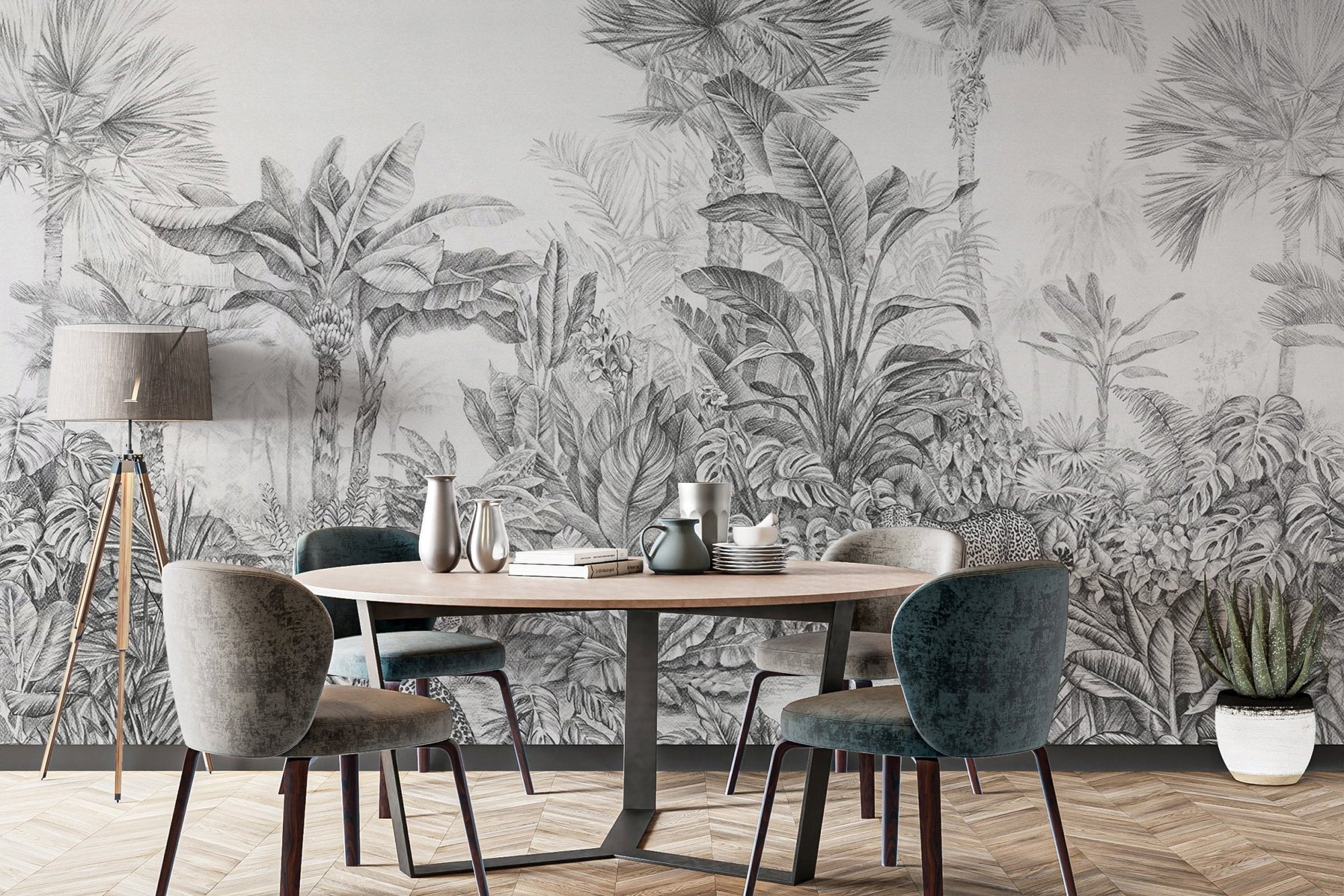 Grey tropical jungle wall murals for decor
 C522