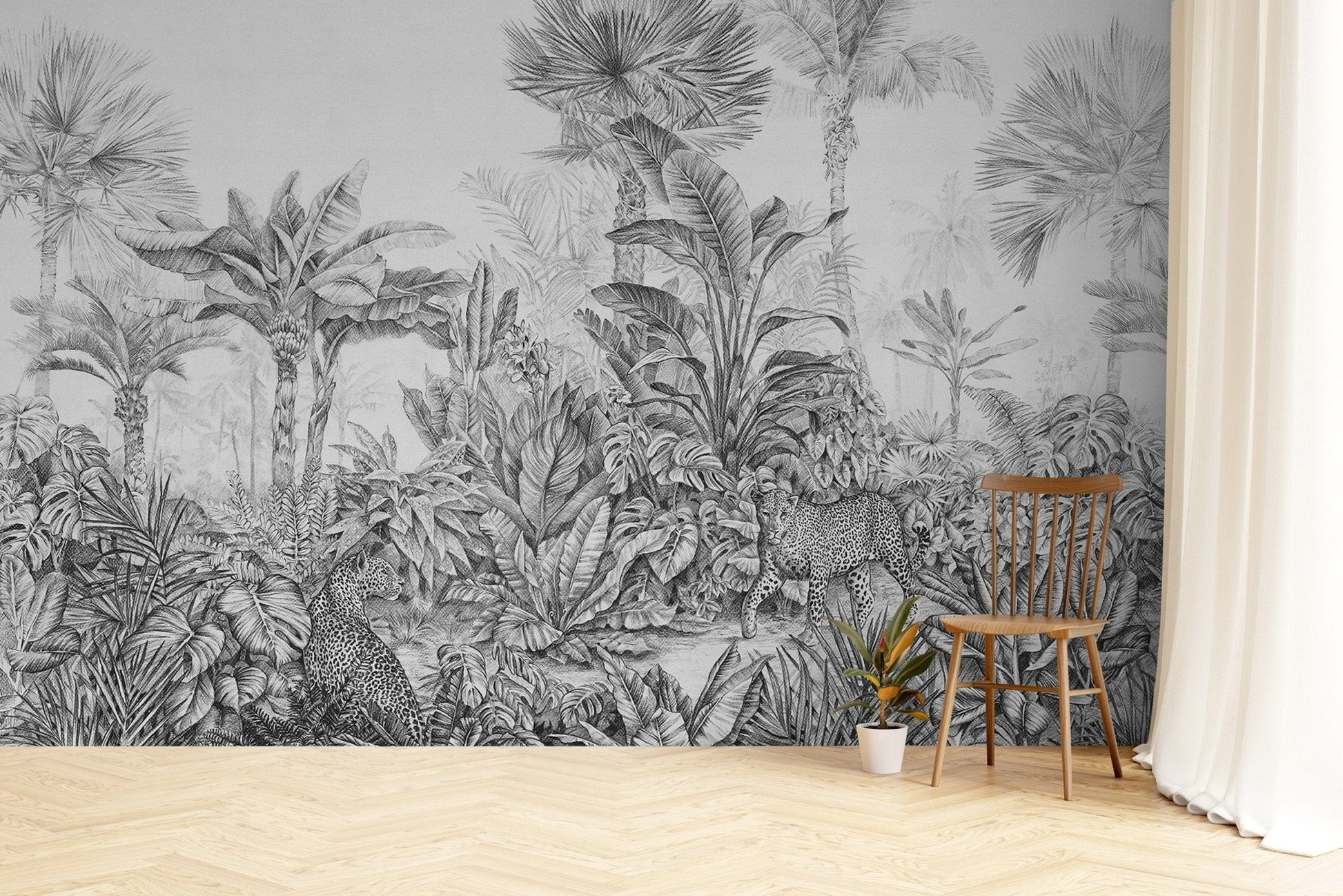 Leopard rainforest wall murals in grey theme C522
