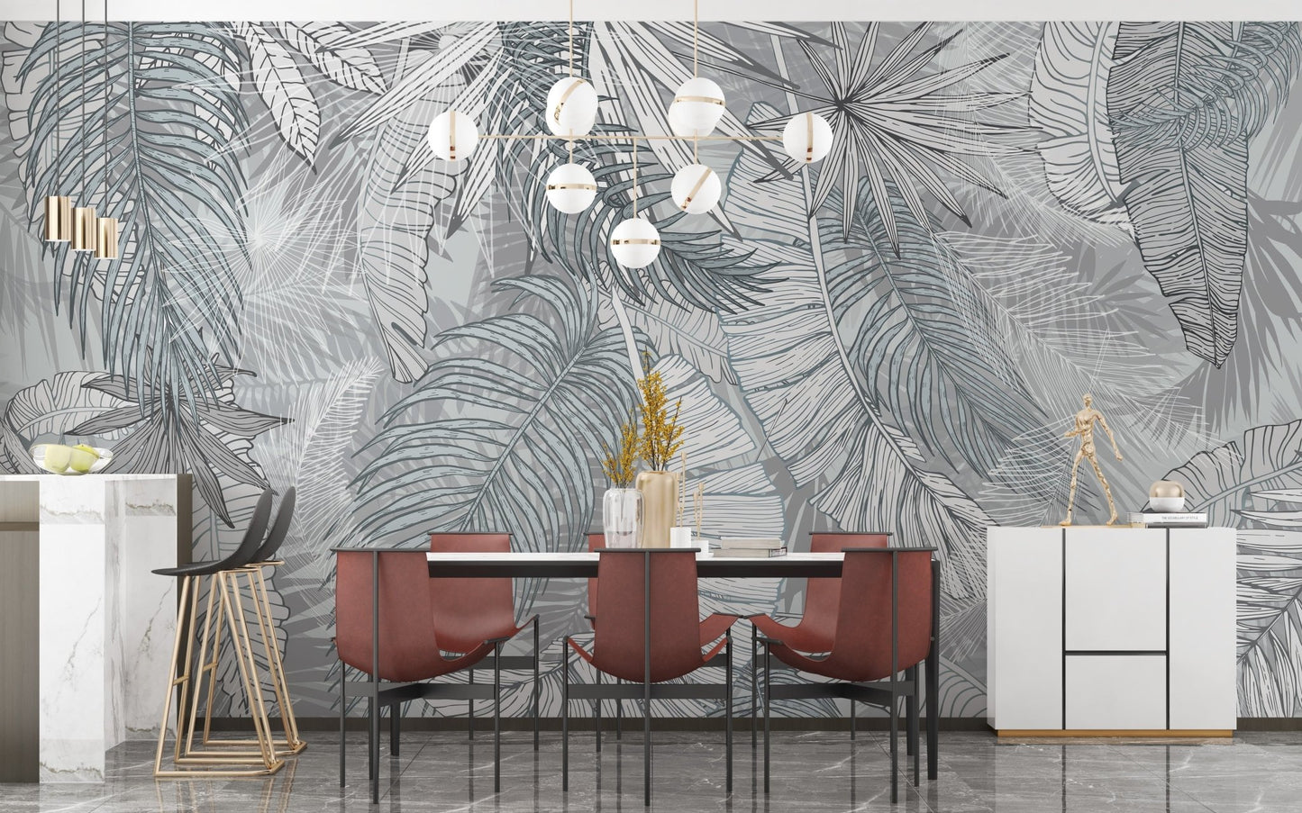Grey & White Charcoal Leafy Illustrated Wallpaper Murals - Giffywalls A232