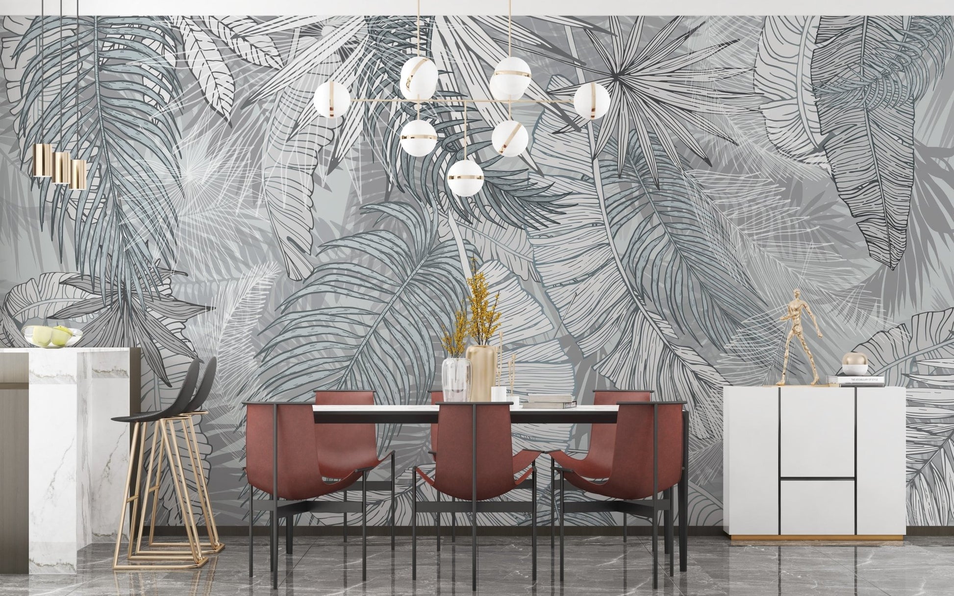 Grey & White Charcoal Leafy Illustrated Wallpaper Murals - Giffywalls A232