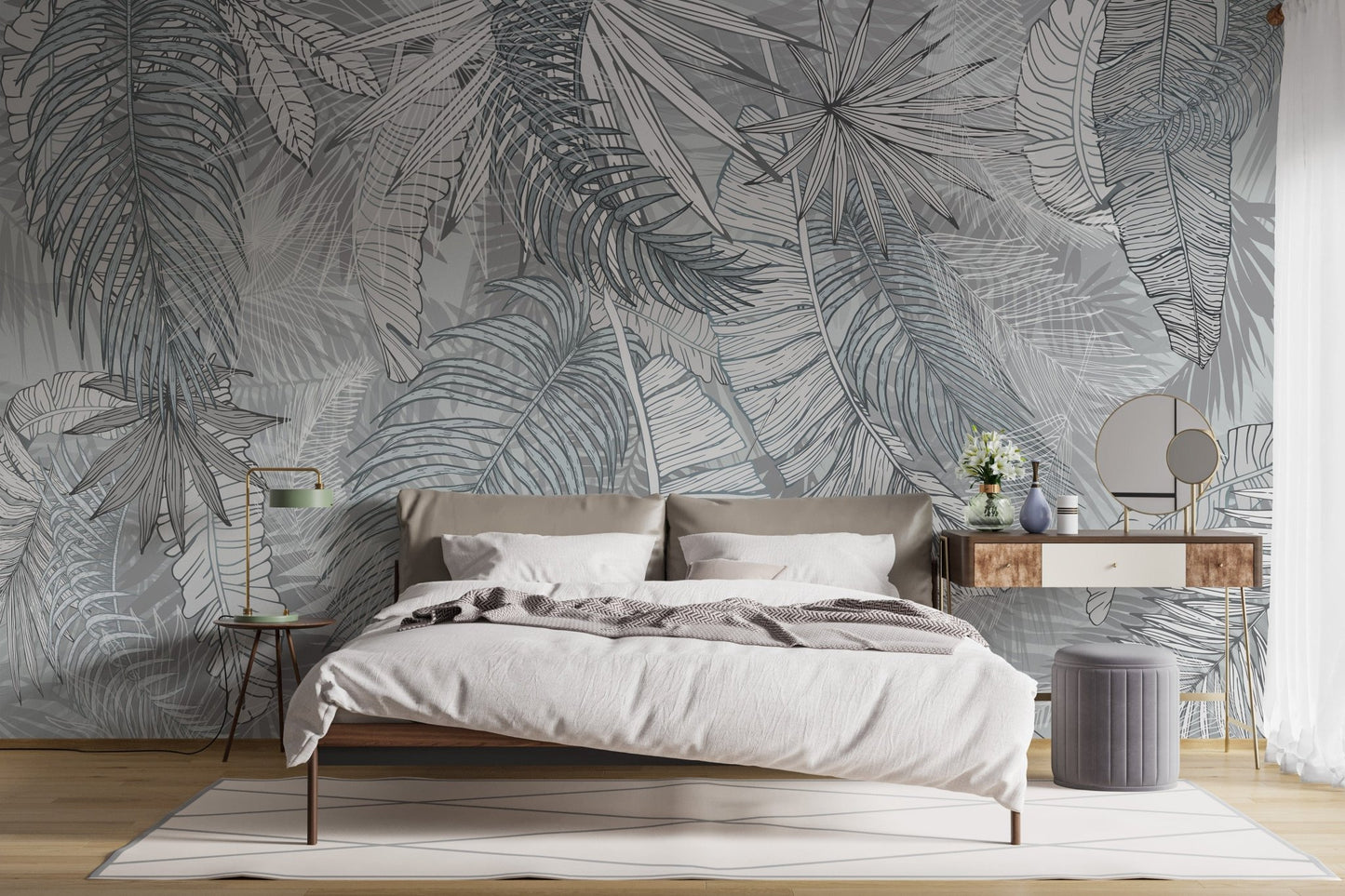 Grey & White Charcoal Leafy Illustrated Wallpaper Murals - Giffywalls A232