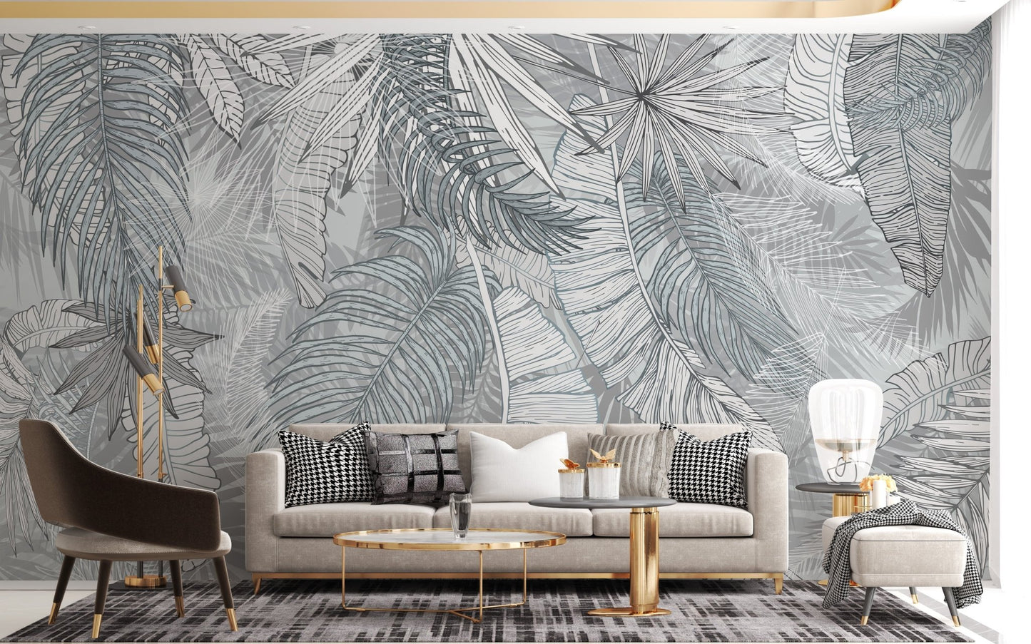 Grey & White Charcoal Leafy Illustrated Wallpaper Murals - Giffywalls A232