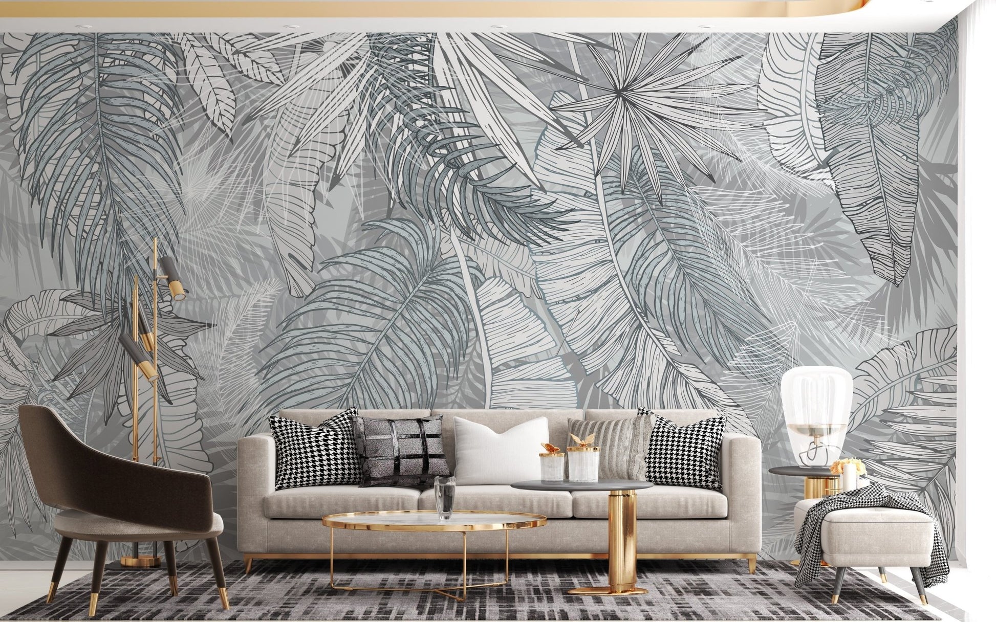 Grey & White Charcoal Leafy Illustrated Wallpaper Murals - Giffywalls A232