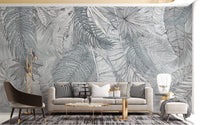 Grey & White Charcoal Leafy Illustrated Wallpaper Murals - Giffywalls A232