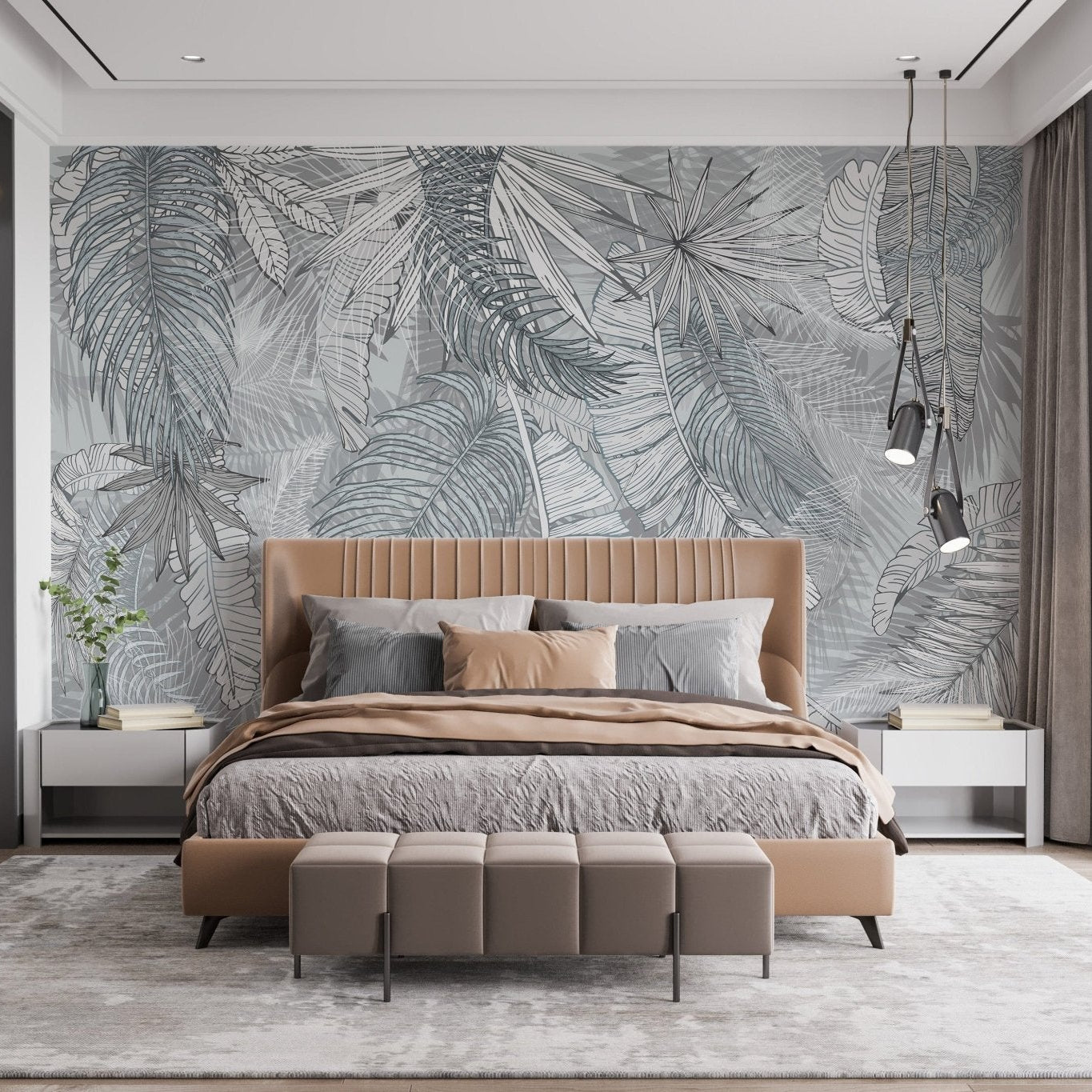 Minimalist leafy mural in grey and white tones A232
