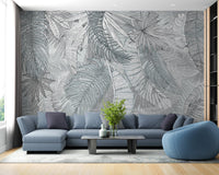 Elegant grey and white illustrated leaf mural A232
