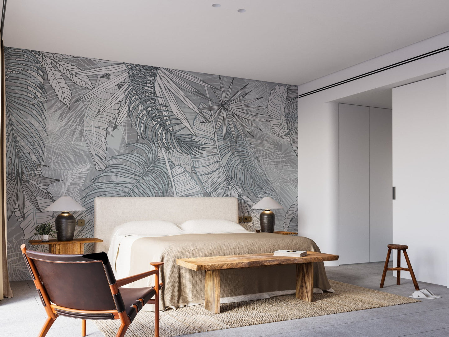 Charcoal leafy wallpaper in grey and white A232
