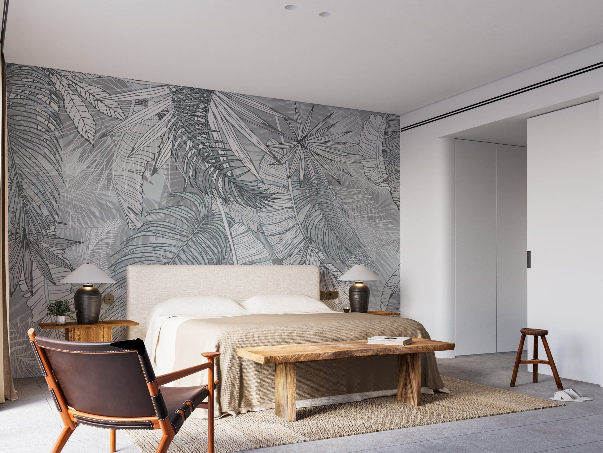 Charcoal leafy wallpaper in grey and white A232
